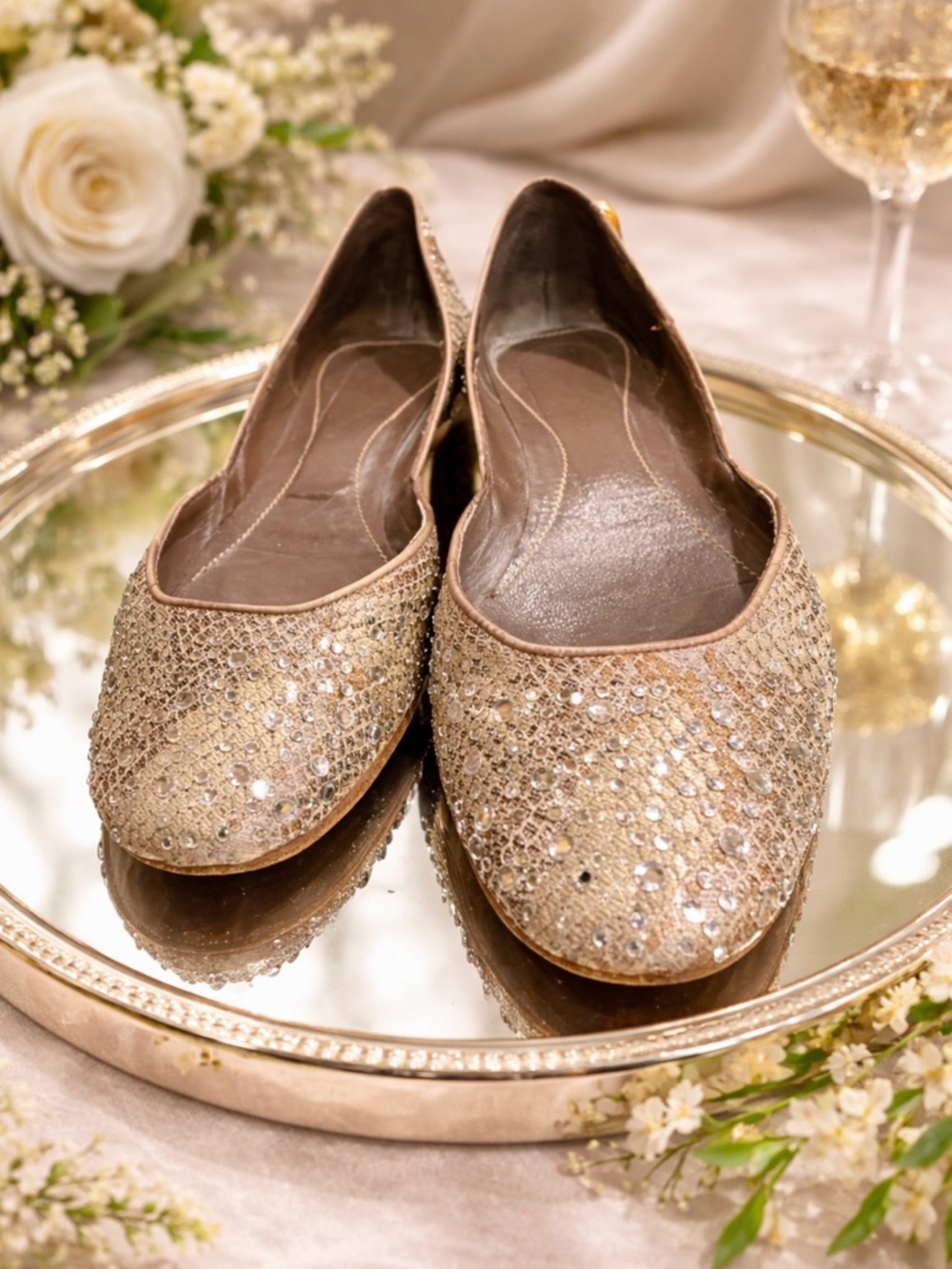 Valentino EU 37 taupe/cream rhinestone embellished flats made in Italy